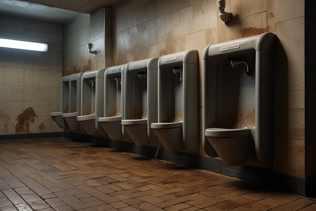 A row of stained urinals in a tired, tiled washroom