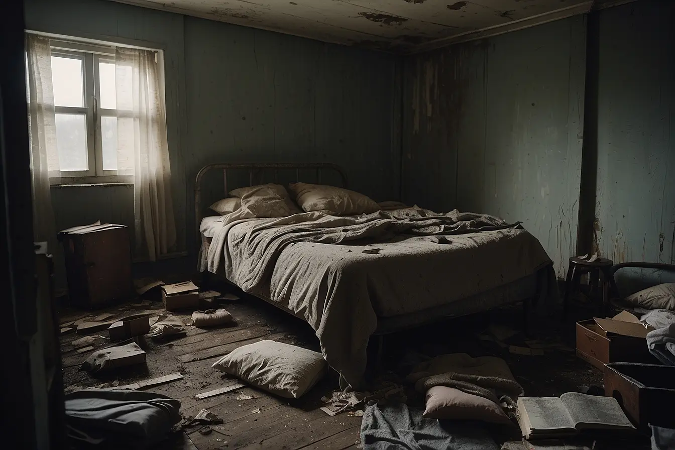 A dim, untidy bedroom with an unmade bed and papers on the floor